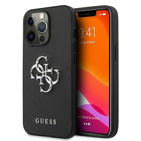 Guess Saffiano 4G Metal Logo kotelo iPhone 13 Pro / 13 6.1" - musta