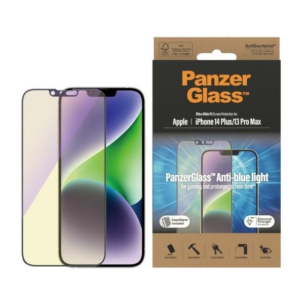PanzerGlass Ultra-Wide Fit Antibakteerinen lasi, sininen valosuodatin, iPhone 14 Plus / 13 Pro Max