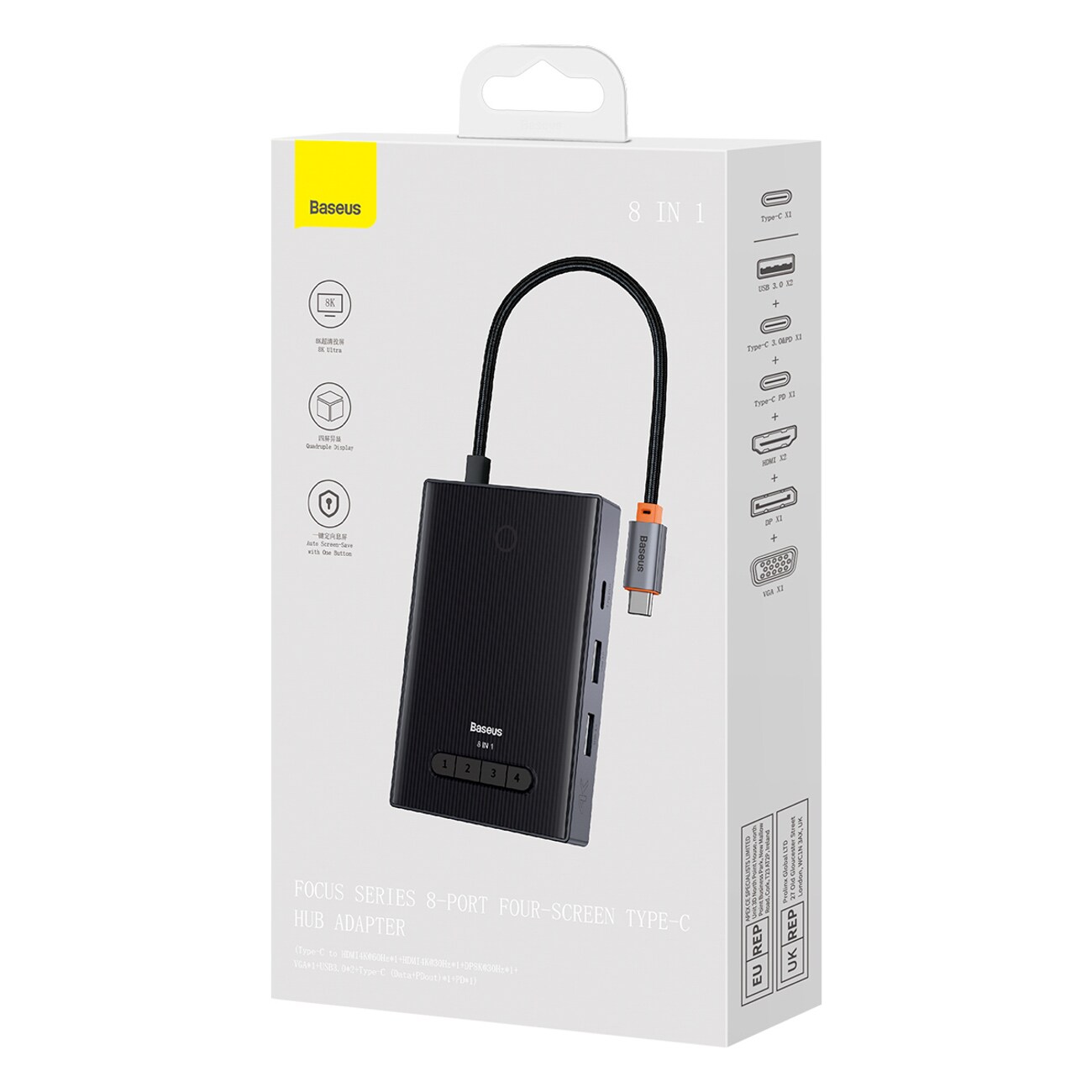 Baseus PioneerJoy 8-in-1 USB-C Hub: HDMI 4K@60Hz/30Hz, DP 8K@30Hz, VGA, 2x USB-A, 2x USB-C - Grey