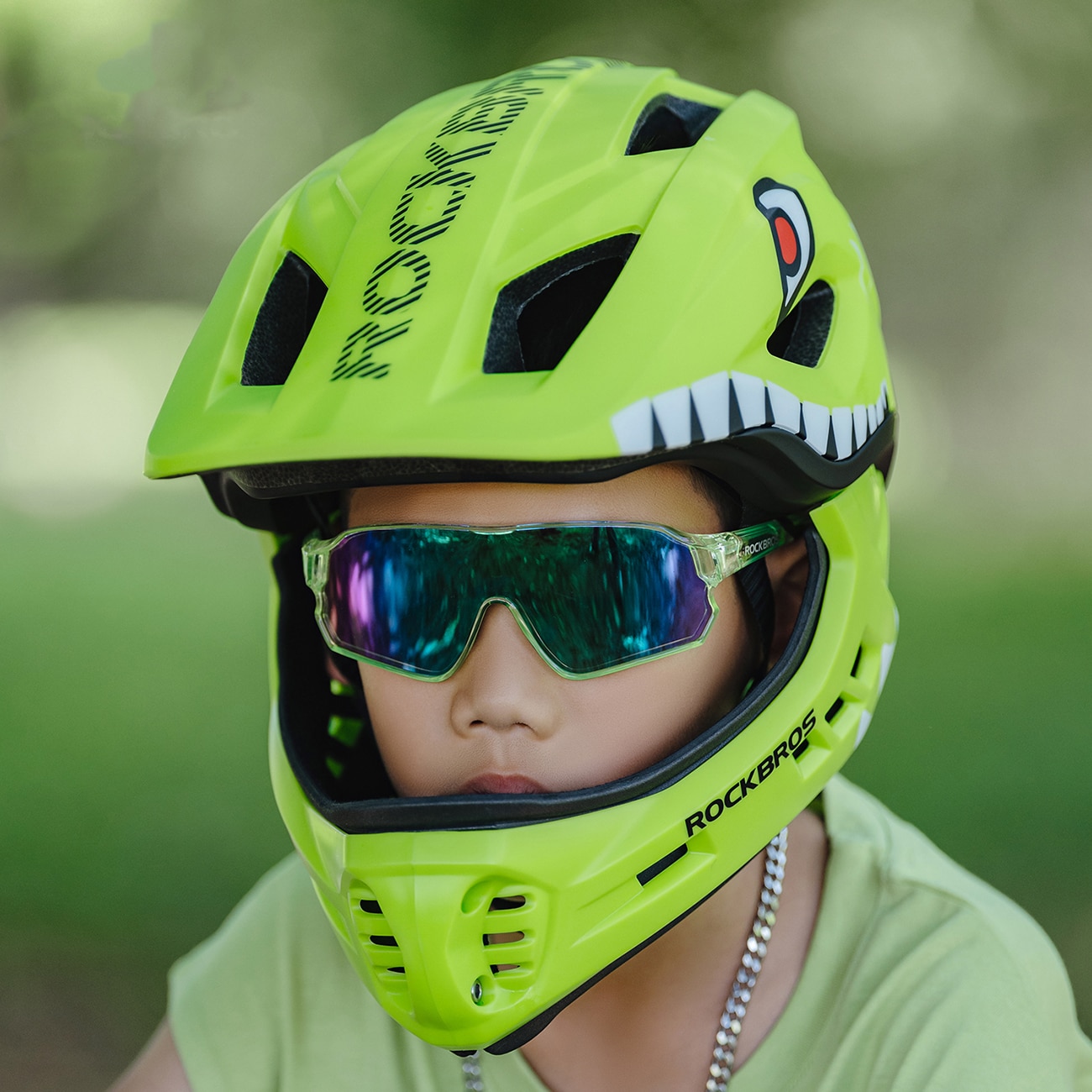 Rockbros TT-32003 Shark Lasten pyöräilykypärä irrotettavalla leualla Koko S (48-52) - vihreä