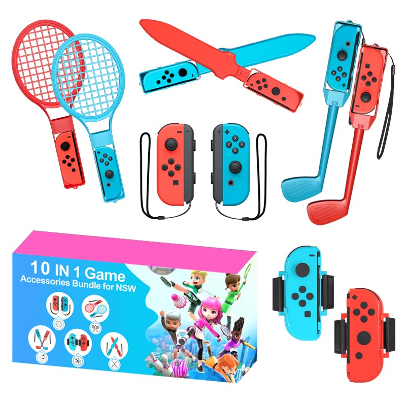 Nintendo Switch Sports tarvikesetti 10 osaa – Golfmailat, tennismailat, miekat ja jalkahihnat Joy-Conille