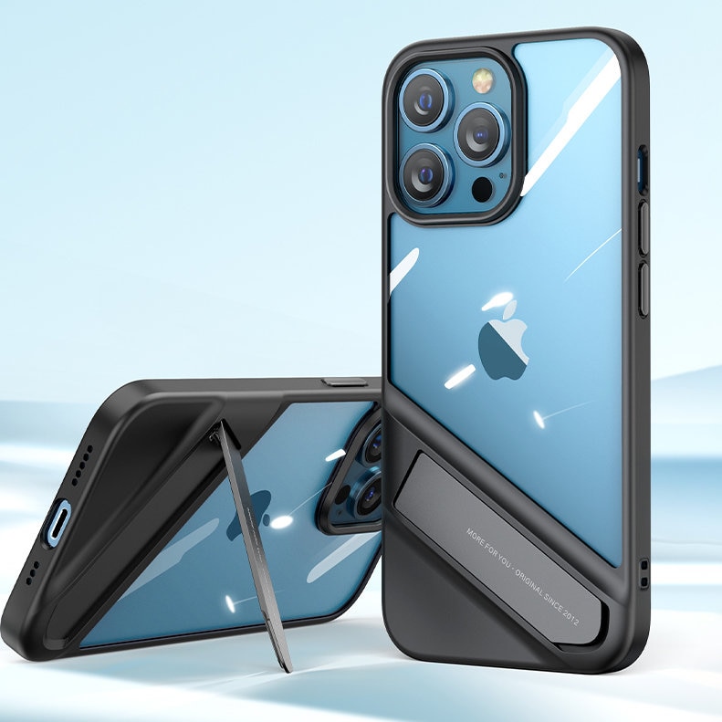 Ugreen Fusion Kickstand -kotelo iPhone 13 Pro: kova suojus geelikehyksellä ja jalustalla, musta