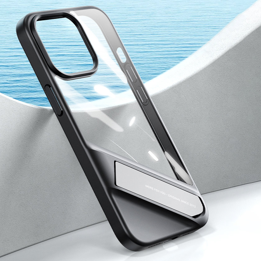 Ugreen Fusion Kickstand -kotelo iPhone 13 Pro: kova suojus geelikehyksellä ja jalustalla, musta