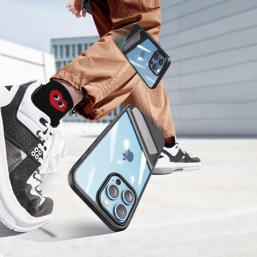 Ugreen Fusion Kickstand -kotelo iPhone 13 Pro: kova suojus geelikehyksellä ja jalustalla, musta