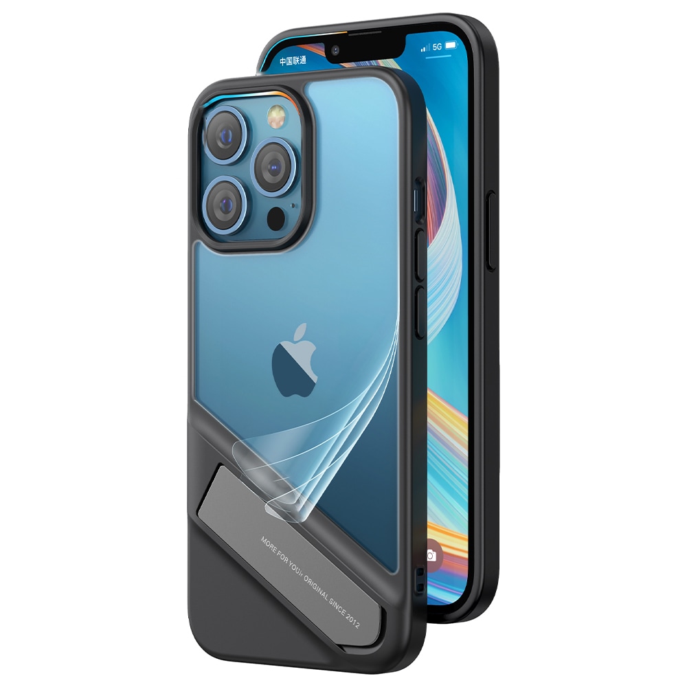 Ugreen Fusion Kickstand -kotelo iPhone 13 Pro: kova suojus geelikehyksellä ja jalustalla, musta