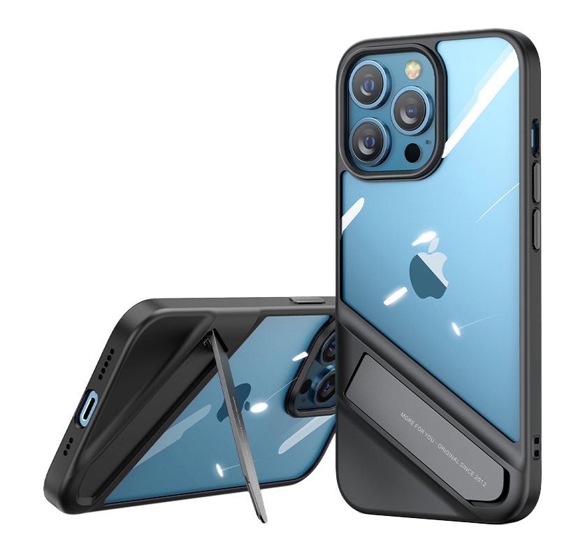 Ugreen Fusion Kickstand -kotelo iPhone 13 Pro: kova suojus geelikehyksellä ja jalustalla, musta