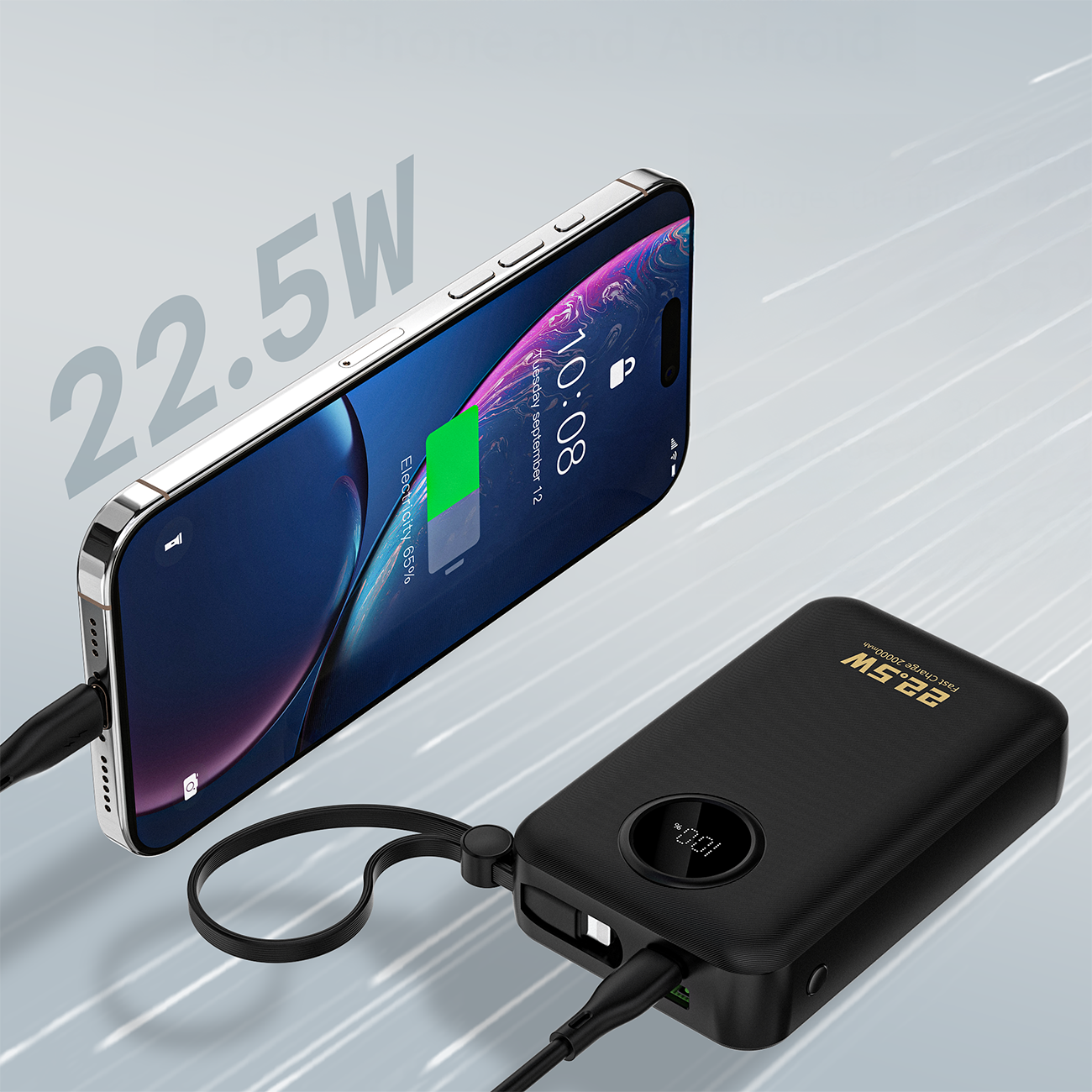 Dudao K14+ 20000mAh Powerbank 22.5W USB-C / USB-A / Built-in Lightning & USB-C Cables - Black