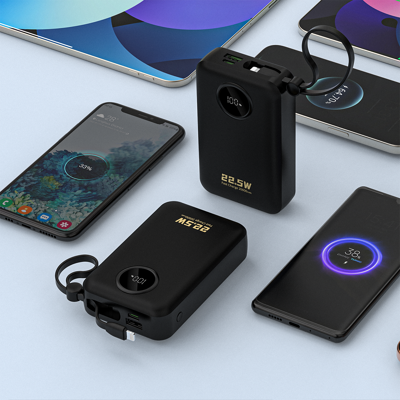Dudao K14+ 20000mAh Powerbank 22.5W USB-C / USB-A / Built-in Lightning & USB-C Cables - Black