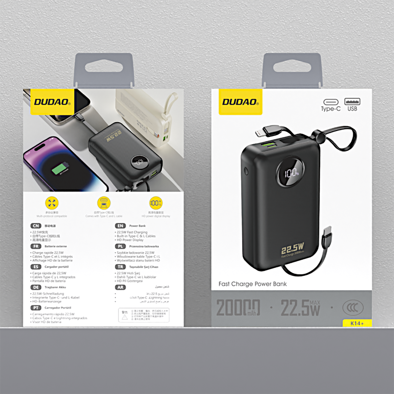 Dudao K14+ 20000mAh Powerbank 22.5W USB-C / USB-A / Built-in Lightning & USB-C Cables - Black