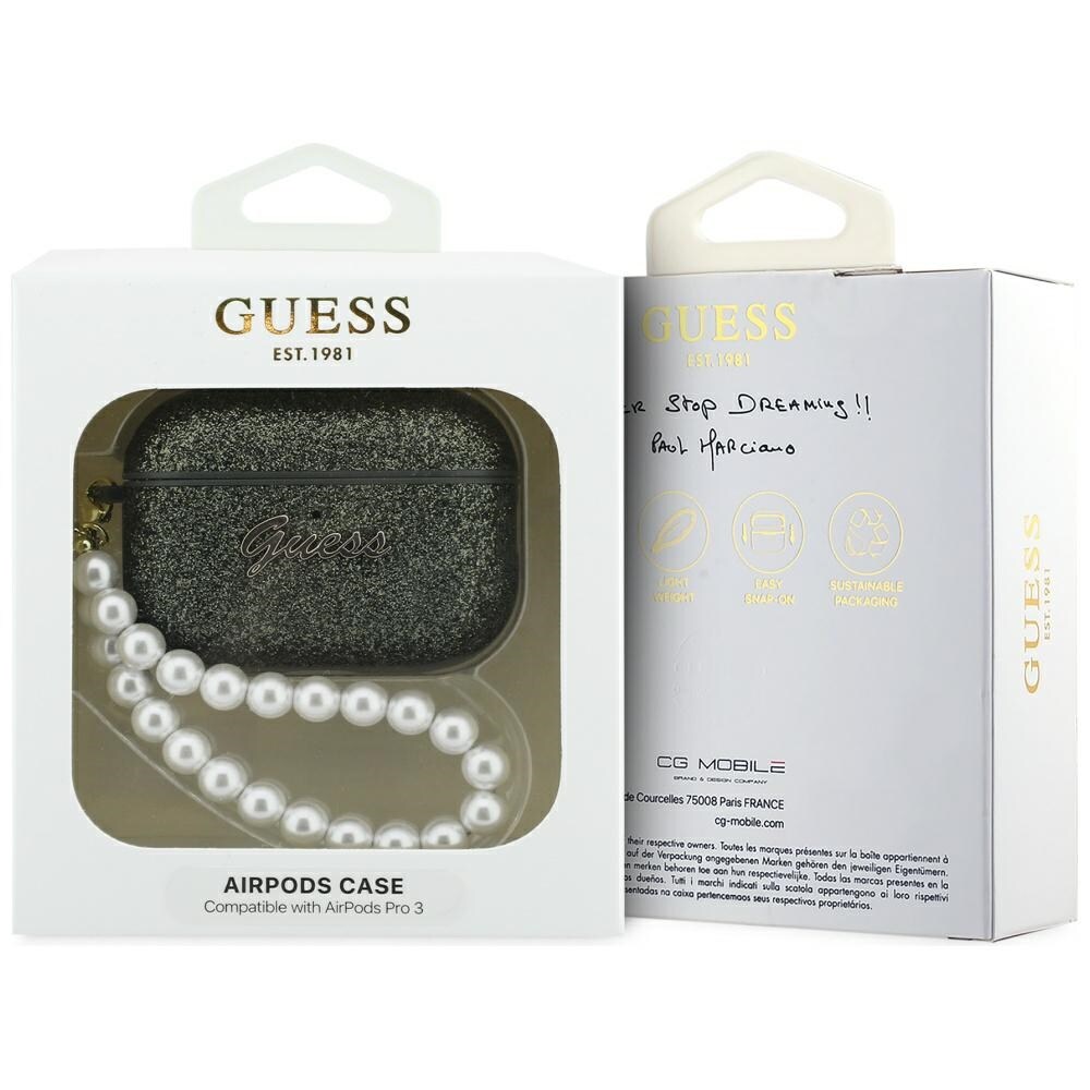 Guess Glitter Pearl hihna Kotelo AirPods Pro 3 - musta ja Glitter