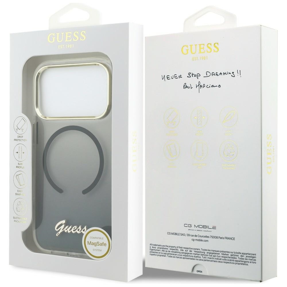 Guess IML Gradient Script Metal MagSafe -kotelo 17 Pro Maxille - musta