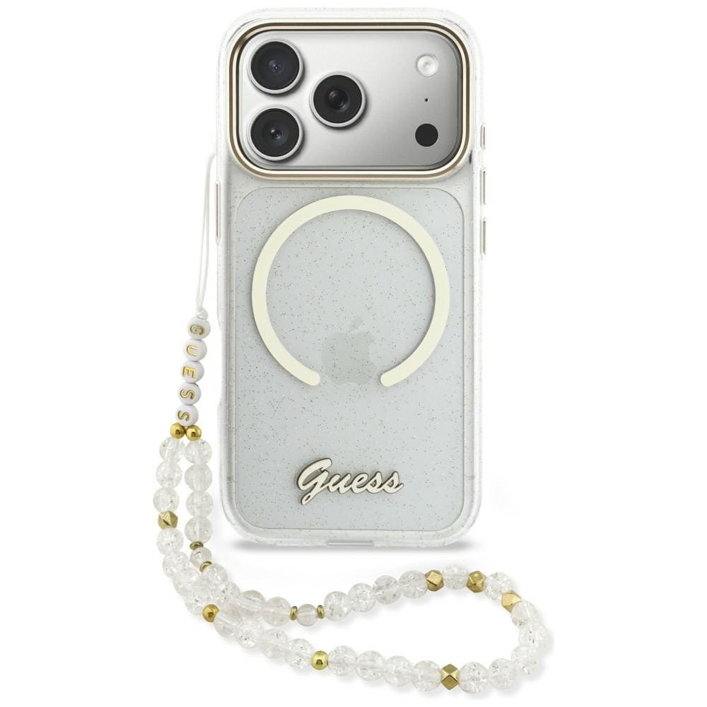 Guess IML Glitters Script Strap MagSafe Case for iPhone 17 Pro - Clear - Kirkas