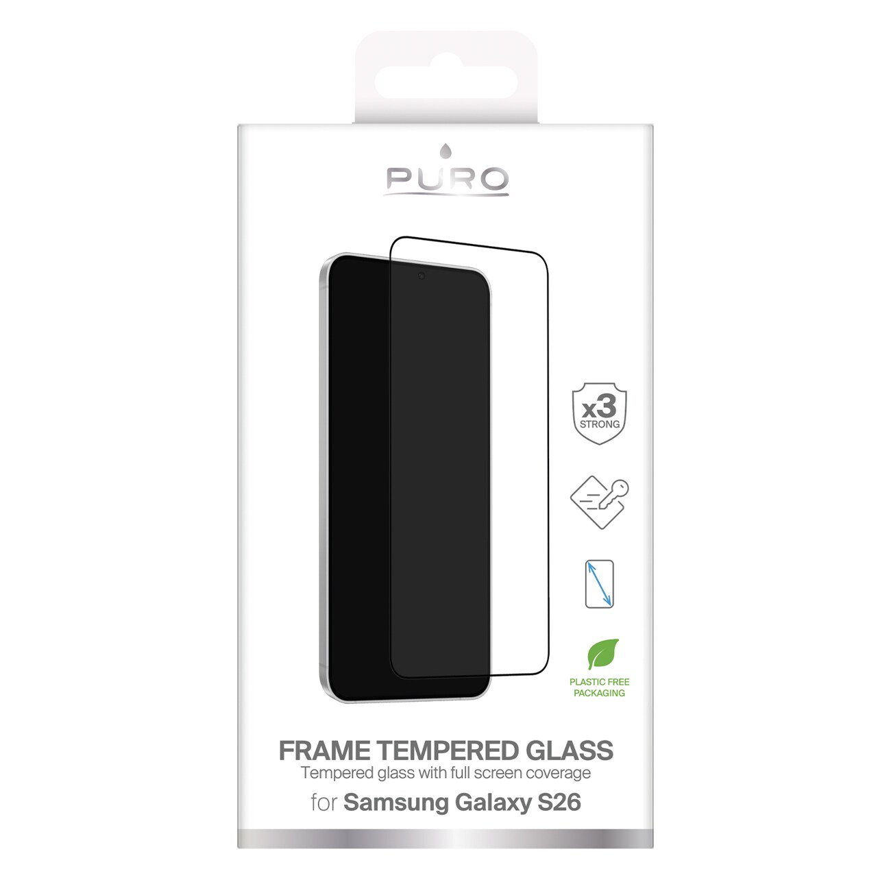 Puro Frame karkaistu lasi Samsung Galaxy S26:lle - mustalla kehyksellä varustettuna