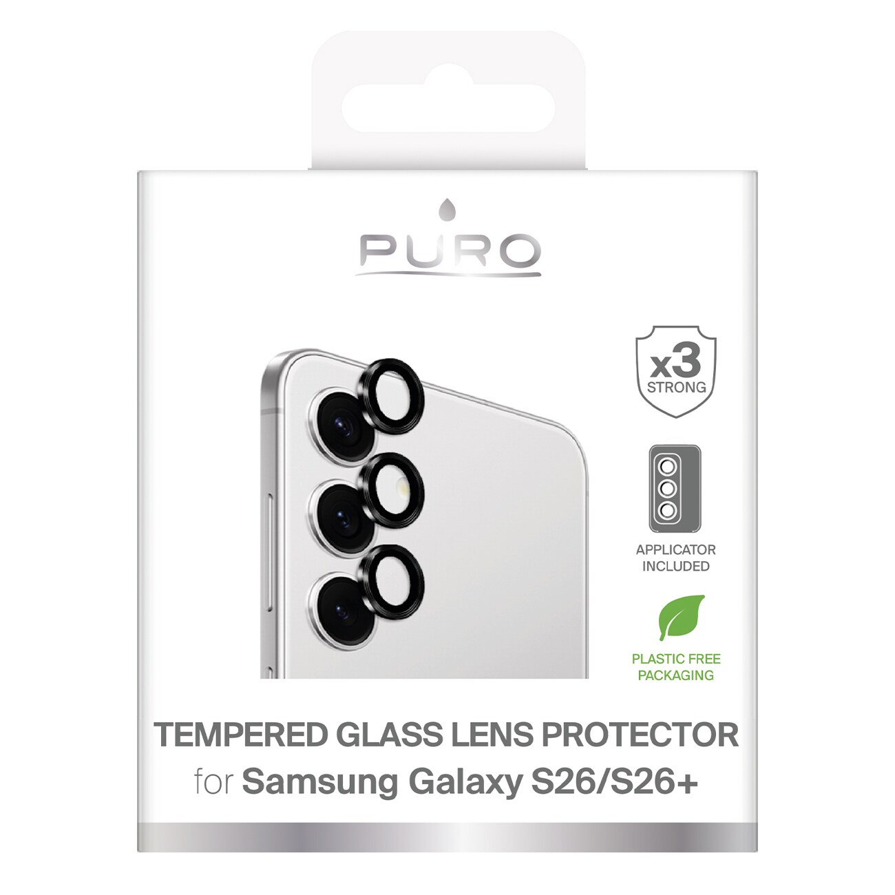 Puro karkaistu lasi takakameralle Samsung Galaxy S26/S26 Plus - mustalla kehyksellä varustettuna