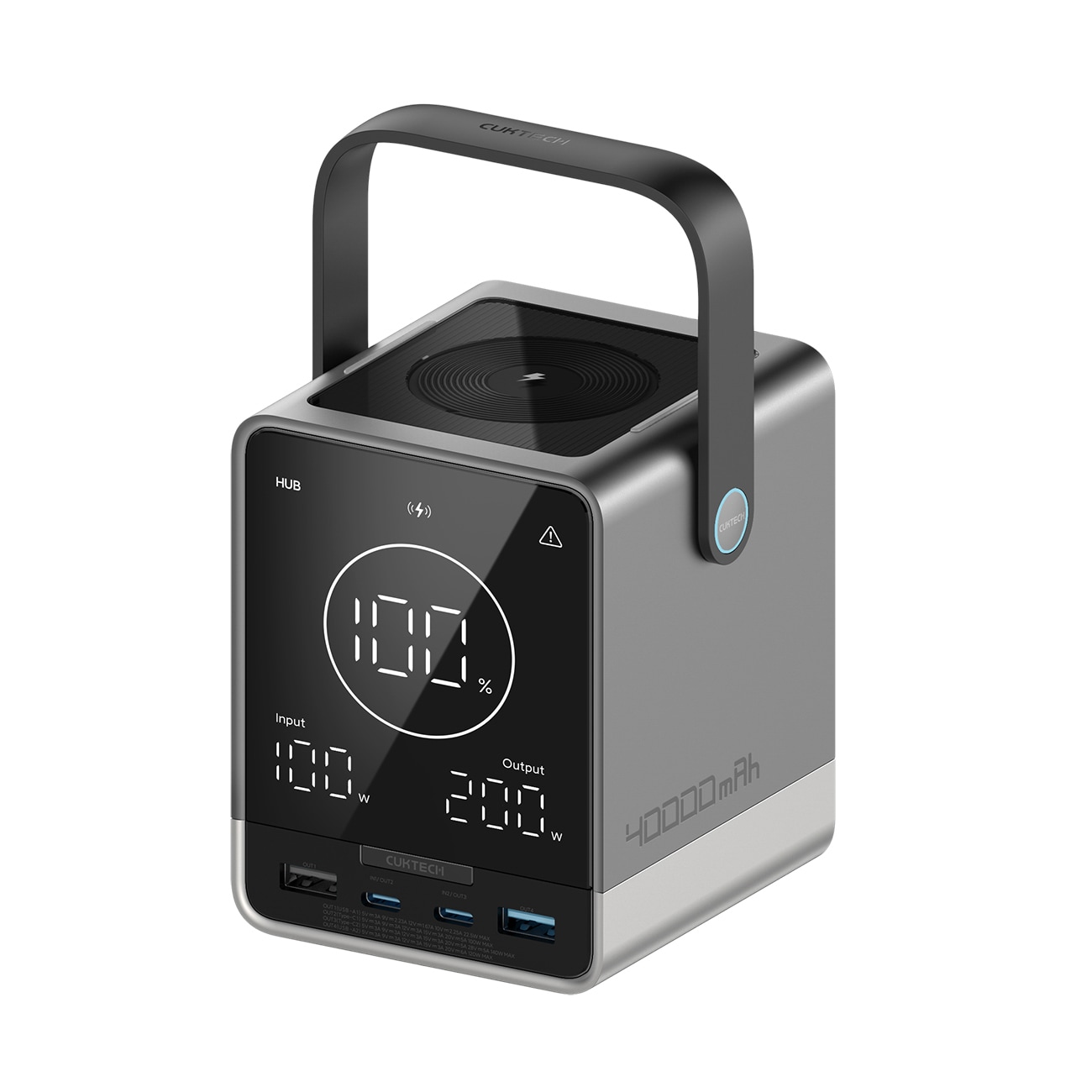 Cuktech Powerbank 300W 40000mAh langattomalla latauksella 2x USB-C + 2x USB-A - Musta