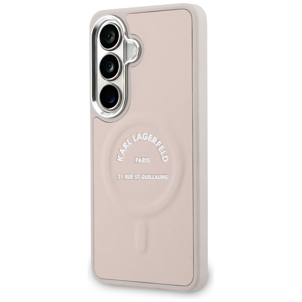 Karl Lagerfeld kohokuvioitu rengas RSG Logo MagSafe tapauksessa Samsung Galaxy S26 - vaaleanpunainen