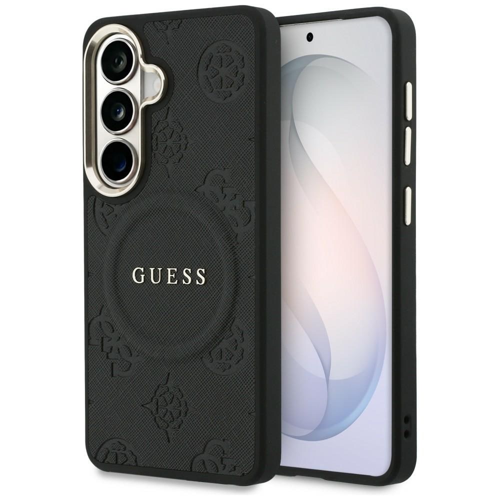 Guess Saffiano Peony kohokuvioitu rengas MagSafe kotelo Samsung Galaxy S26+ - musta