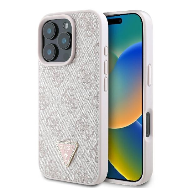 Guess Nahka 4G kolmio Strass MagSafe -kotelo iPhone 16 Pro Max - vaaleanpunainen