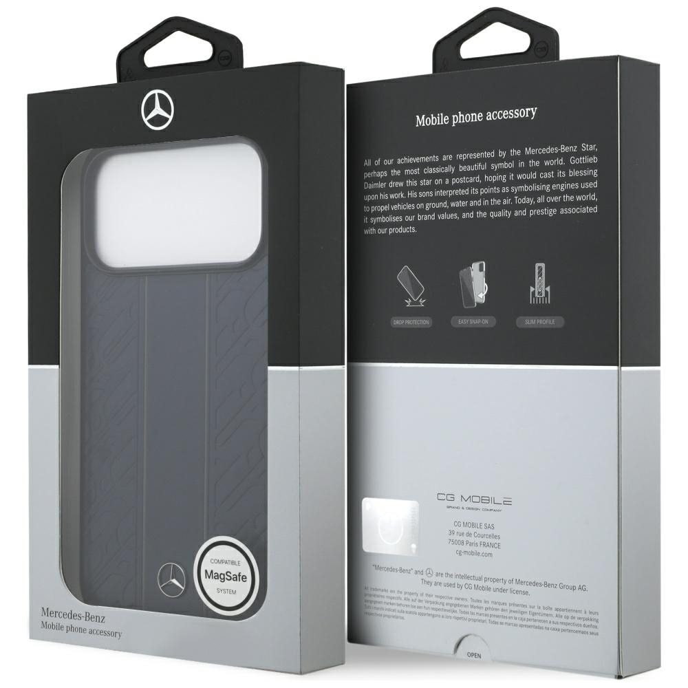 Mercedes Nahka Laurel Leaves Stripes MagSafe Case for iPhone 17 Pro Max - sininen