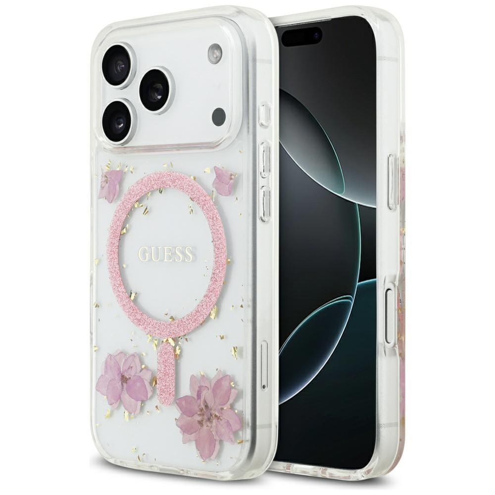 Guess Hartsikukat Glitter MagSafe-kotelo iPhone 17 Pro:lle - vaaleanpunainen värinen