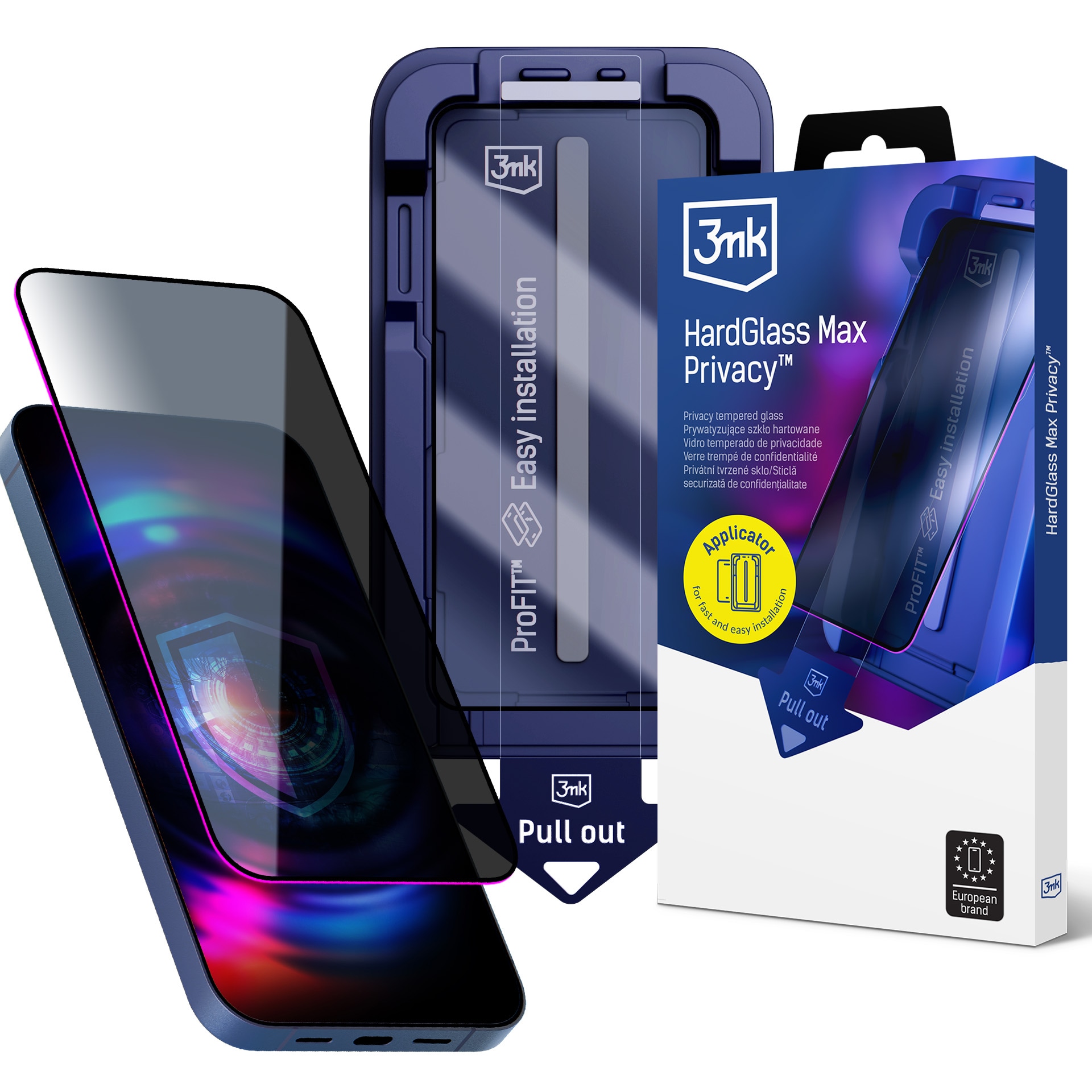 9H karkaistu lasi, jossa on 3mk HardGlass Max -yksityisyyssuodatin iPhone 13/13pro/14/16E/17E varten