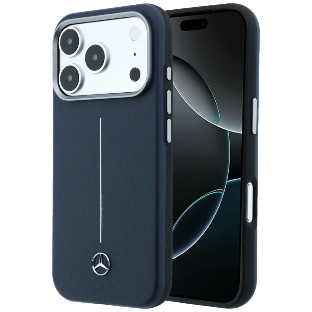 Mercedes-nahkainen, osittain ympäröivä Iconic Line MagSafe -suojakotelo iPhone 17 Pro:lle – sininen