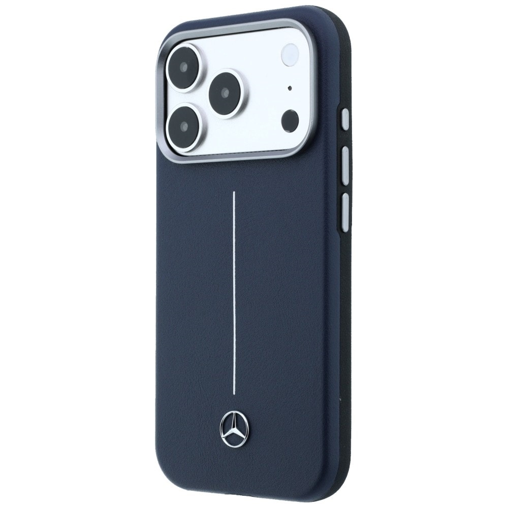Mercedes-nahkainen, osittain ympäröivä Iconic Line MagSafe -suojakotelo iPhone 17 Pro:lle – sininen