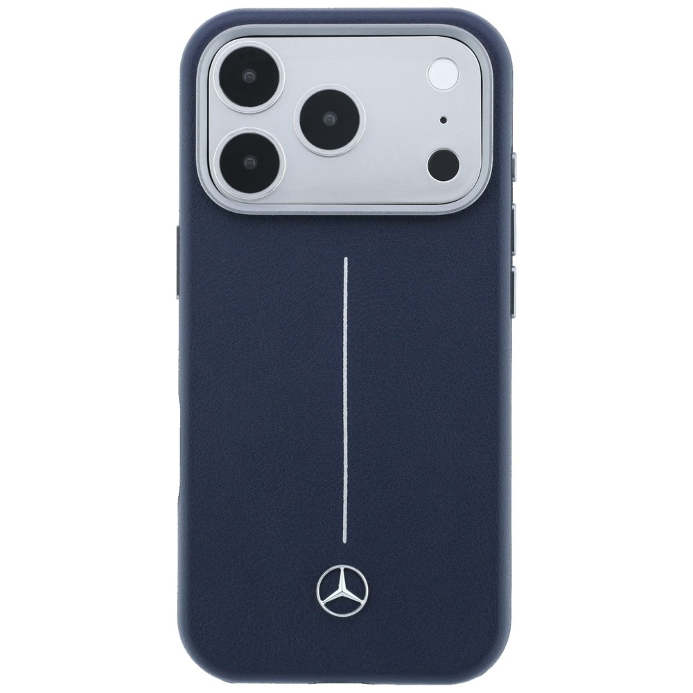 Mercedes-nahkainen, osittain ympäröivä Iconic Line MagSafe -suojakotelo iPhone 17 Pro:lle – sininen