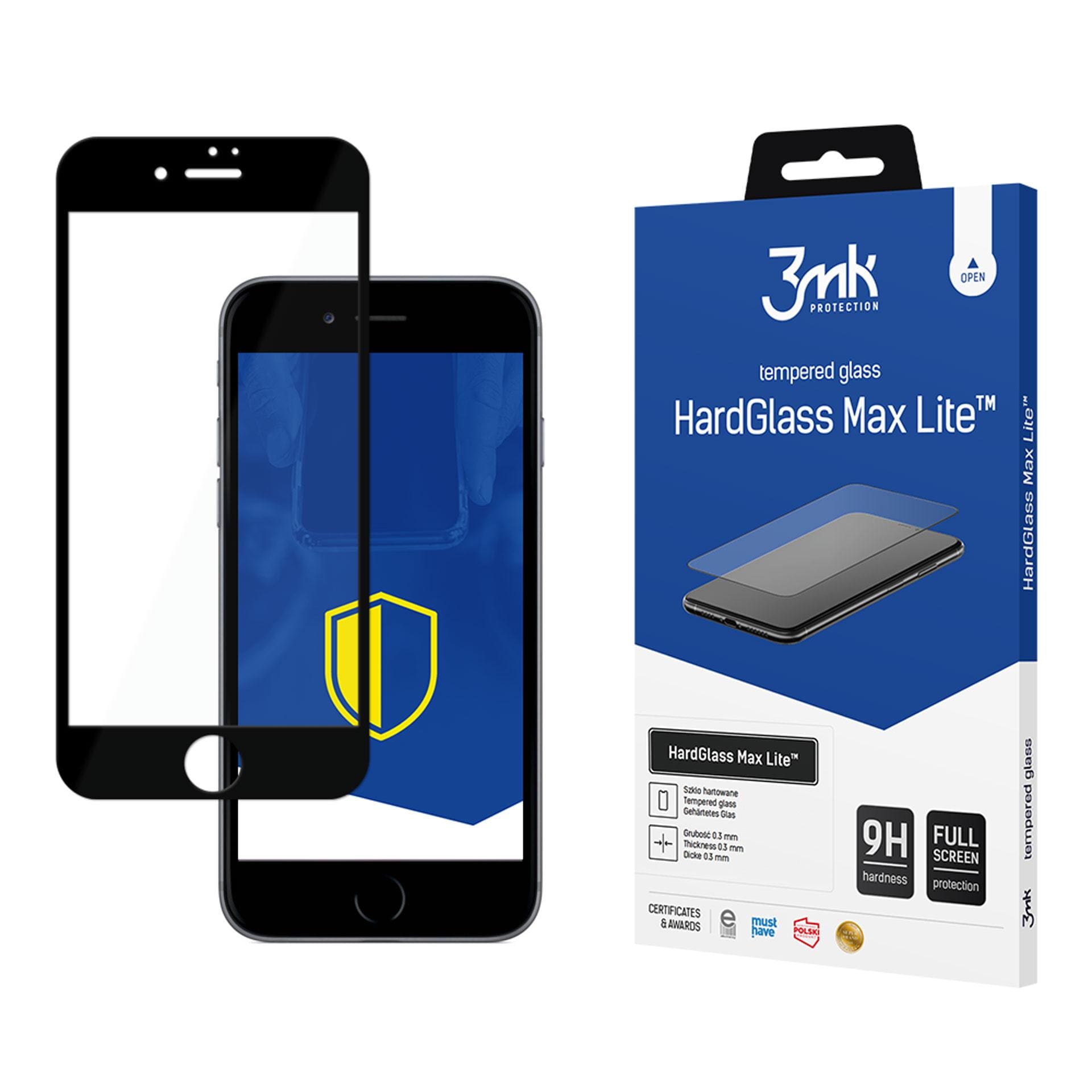 9H 3mk HardGlass Max Lite™ -lasisuoja iPhone 7 / 8 - mustalla kehyksellä