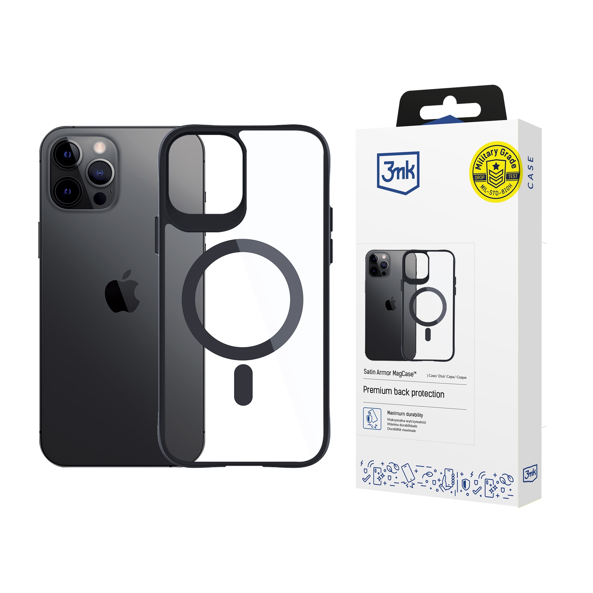 3mk Satin Armor MagCase MagSafe-yhteensopiva iPhone 12 Pro Max - Läpinäkyvä, musta kehys