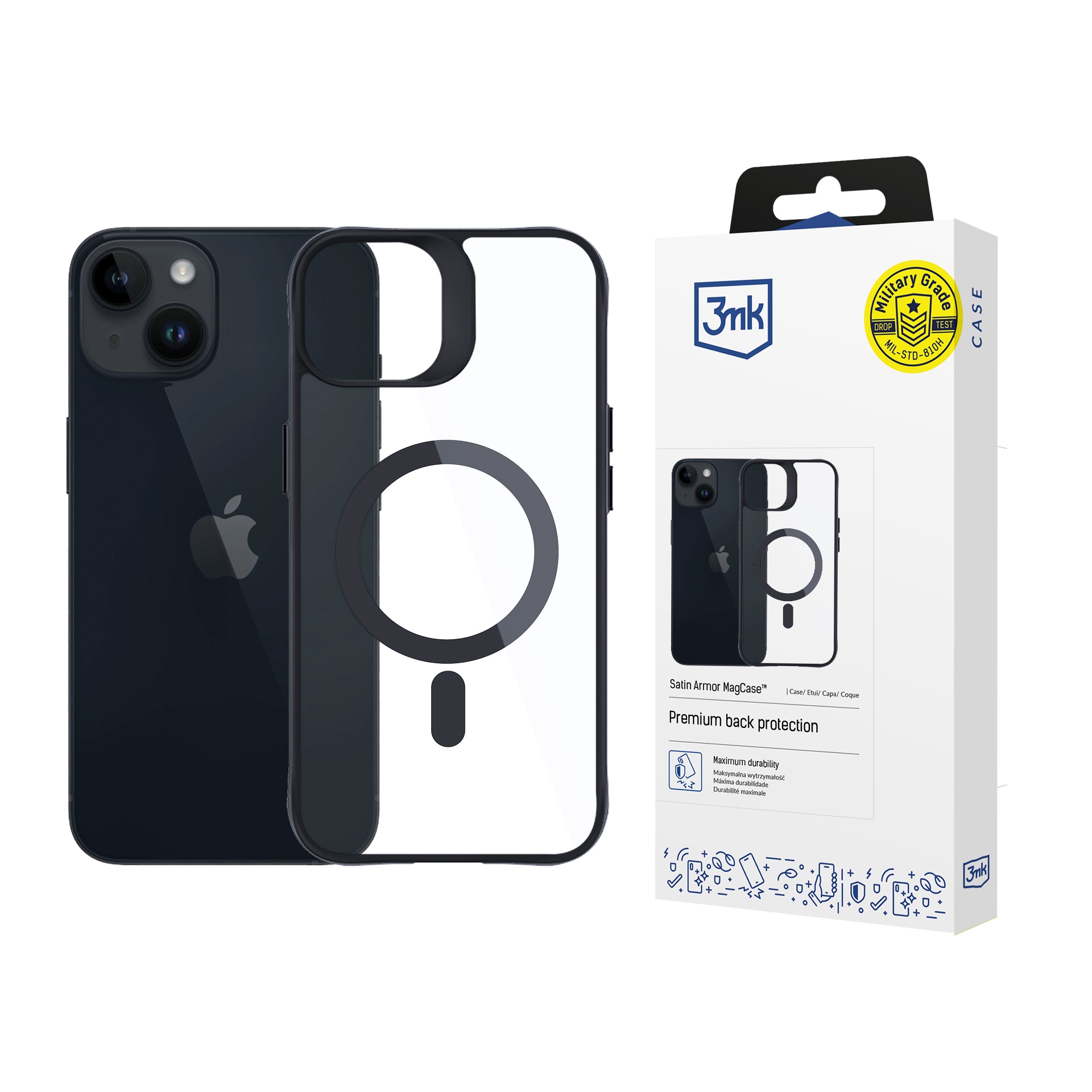 3mk Satin Armor MagCase MagSafe-yhteensopiva iPhone 13 / 14 - Läpinäkyvä, musta kehys