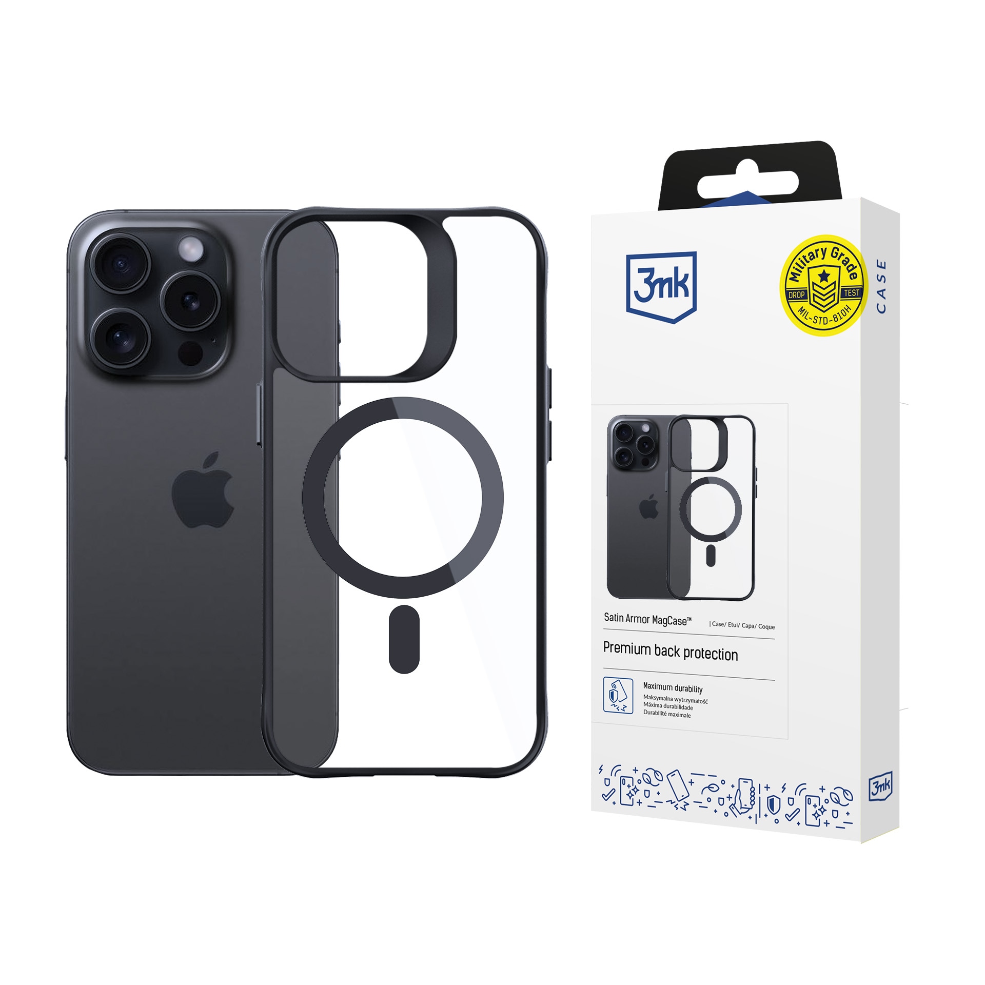 3mk Satin Armor MagCase MagSafe-yhteensopiva iPhone 15 Pro Max - Läpinäkyvä, musta kehys