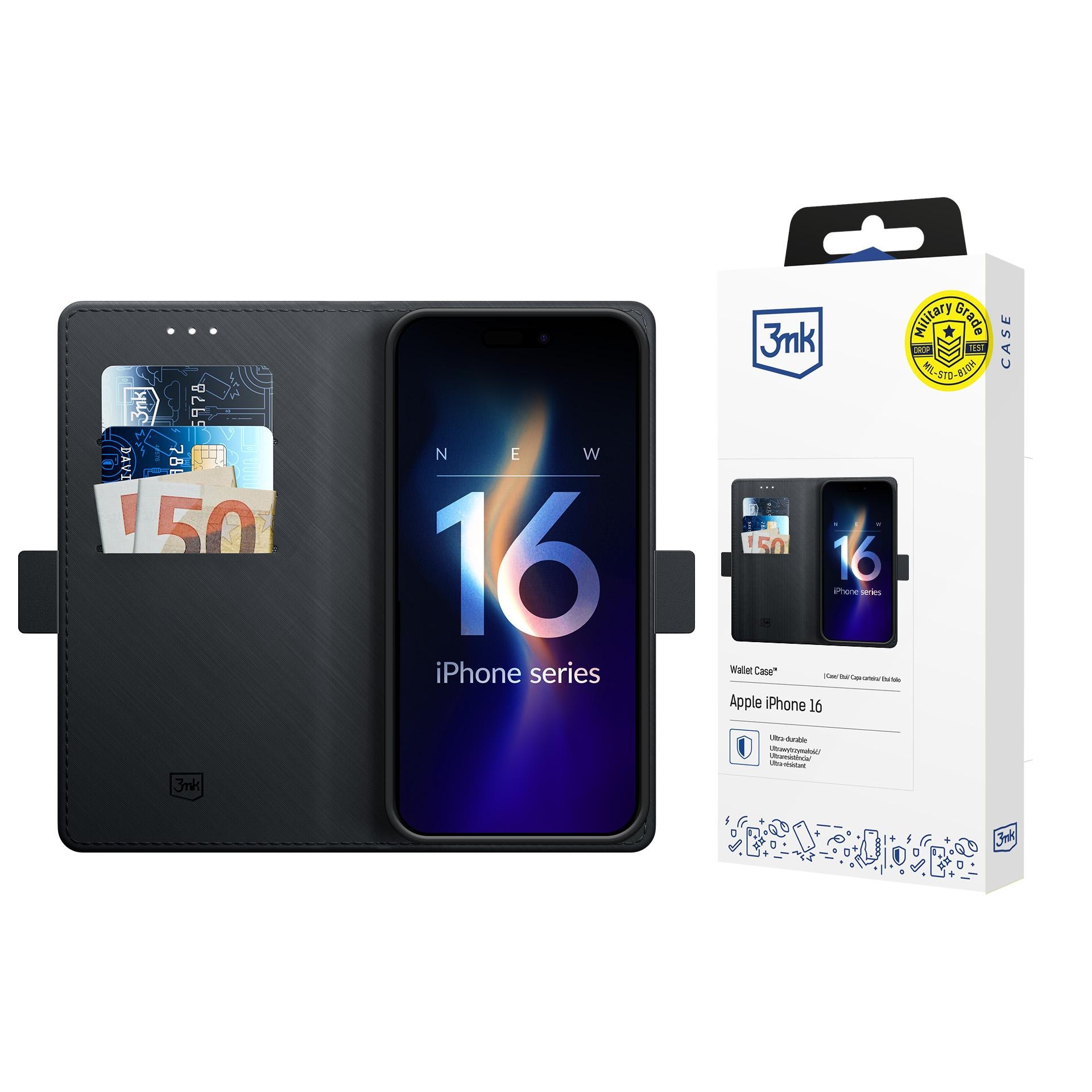 3mk-lompakkokotelo iPhone 16:lle – musta