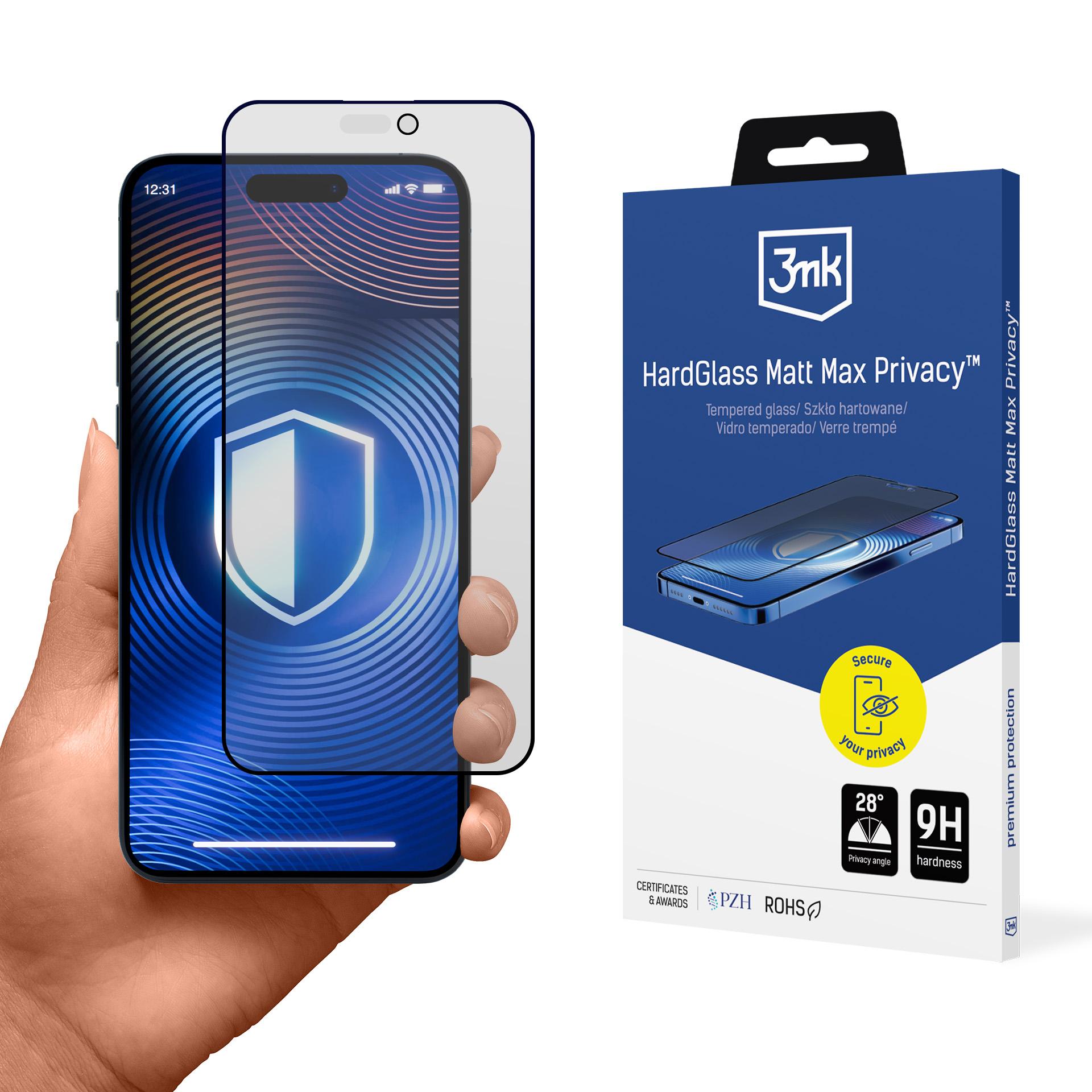 Karkaistu lasi 3mk Hardglass Matt Max Privacy -suojalasi Apple iPhone 15 Pro Max -puhelimelle