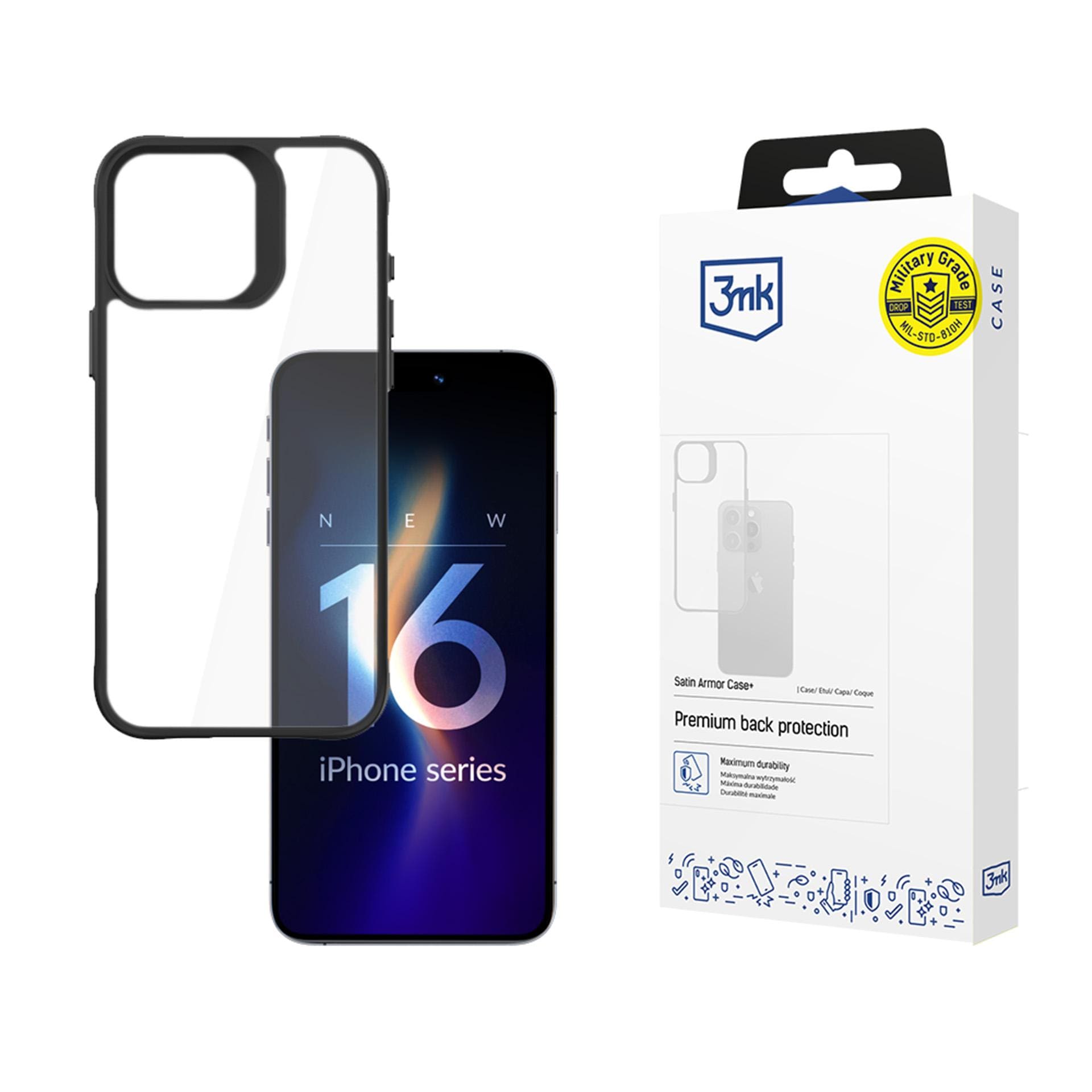 3mk Satin Armor Case+ iPhone 16 Pro Maxille – läpinäkyvä, mustalla kehyksellä