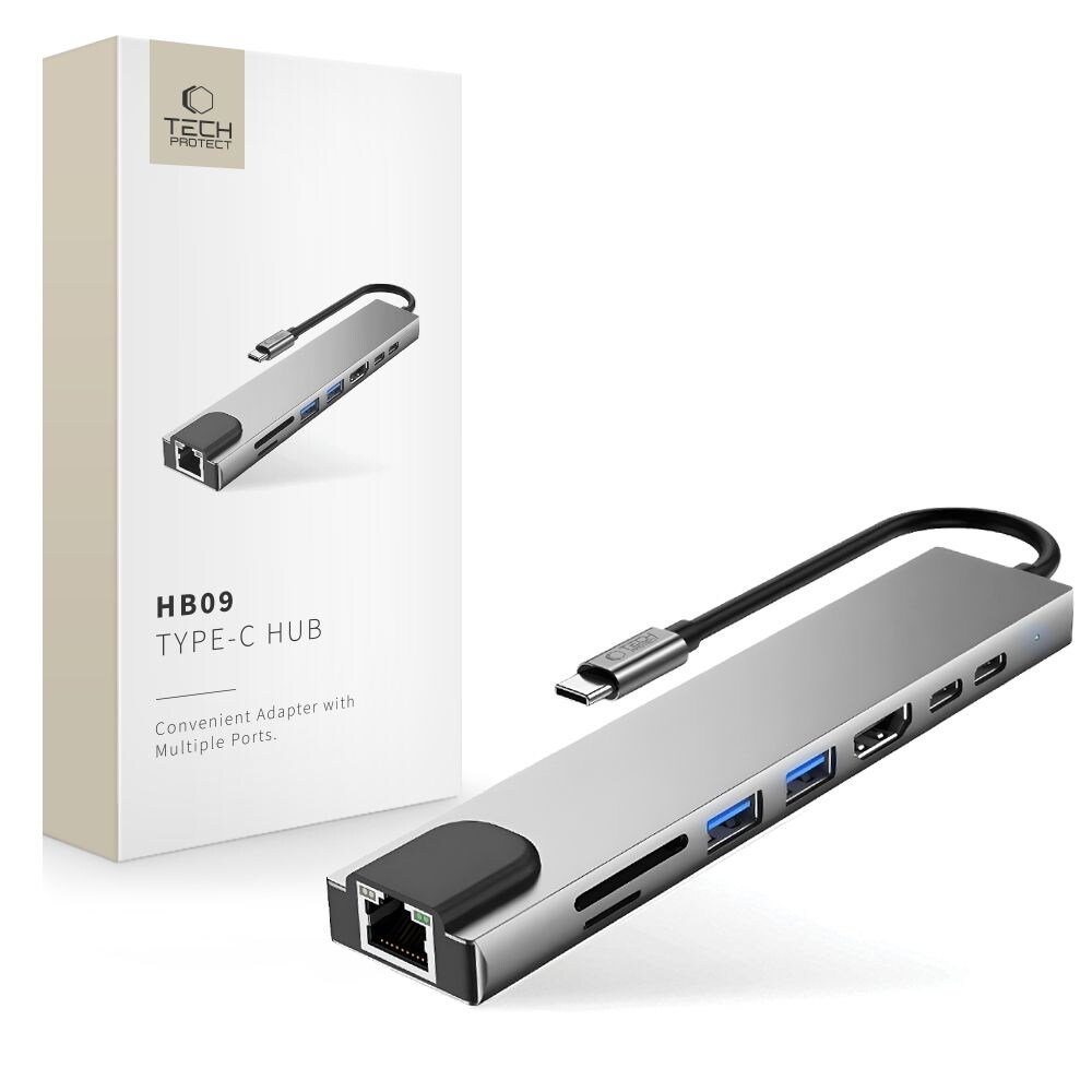 Tech-Protect HB09 USB-keskitin 8-in-1: USB-C/USB-A 3.0, HDMI 4K@60Hz, SD/TF, PD 100W, RJ45 – harmaa