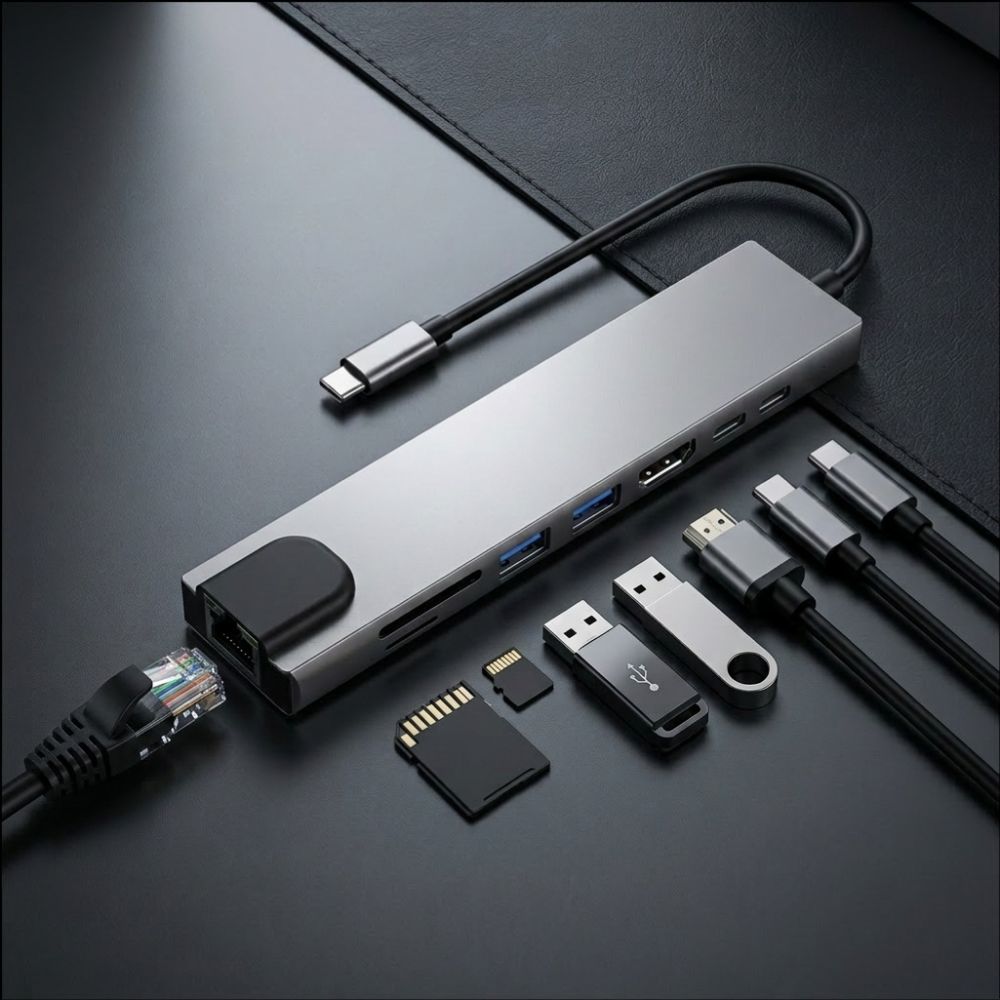 Tech-Protect HB09 USB-keskitin 8-in-1: USB-C/USB-A 3.0, HDMI 4K@60Hz, SD/TF, PD 100W, RJ45 – harmaa