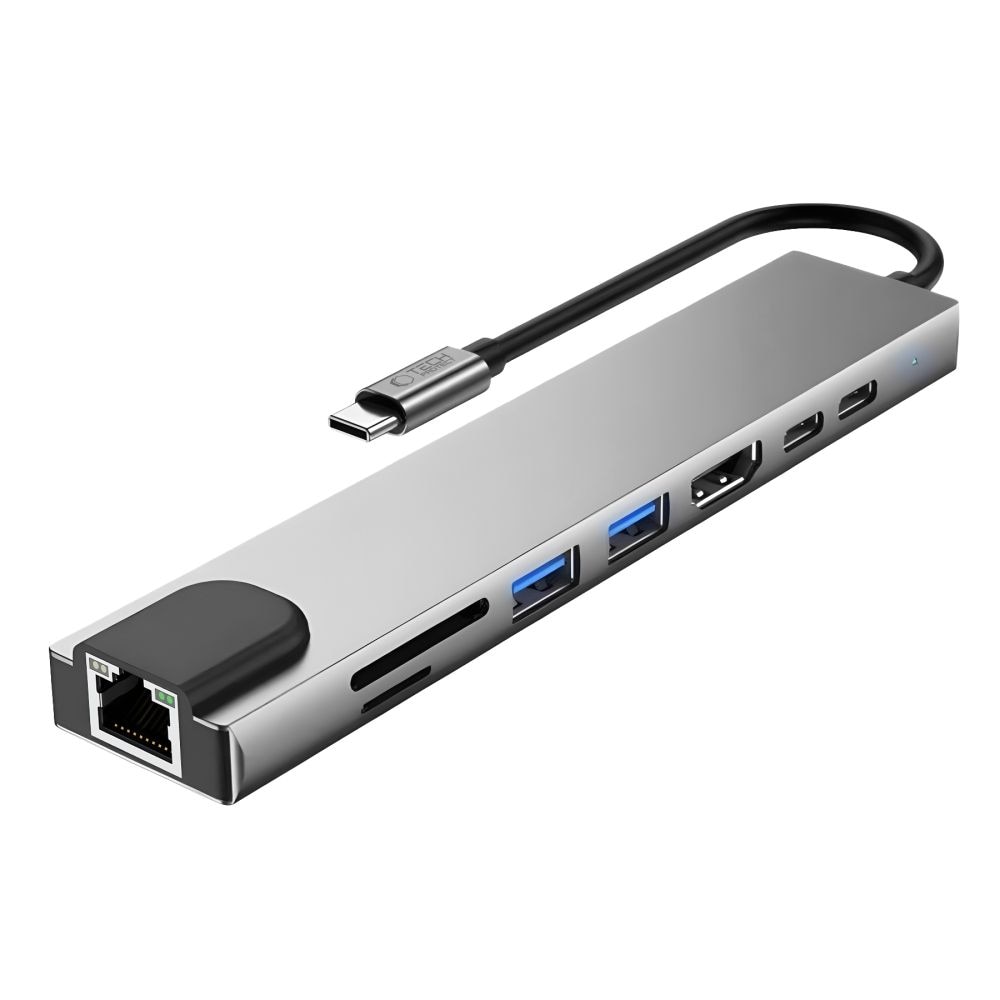 Tech-Protect HB09 USB-keskitin 8-in-1: USB-C/USB-A 3.0, HDMI 4K@60Hz, SD/TF, PD 100W, RJ45 – harmaa