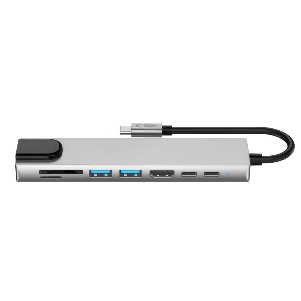 Tech-Protect HB09 USB-keskitin 8-in-1: USB-C/USB-A 3.0, HDMI 4K@60Hz, SD/TF, PD 100W, RJ45 – harmaa