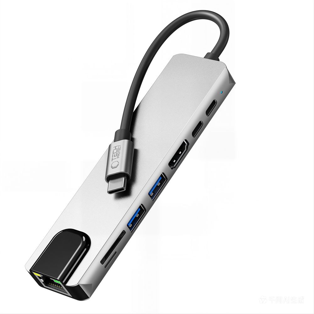 Tech-Protect HB09 USB-keskitin 8-in-1: USB-C/USB-A 3.0, HDMI 4K@60Hz, SD/TF, PD 100W, RJ45 – harmaa