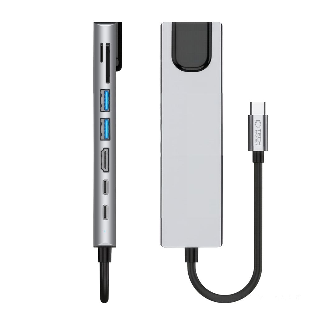 Tech-Protect HB09 USB-keskitin 8-in-1: USB-C/USB-A 3.0, HDMI 4K@60Hz, SD/TF, PD 100W, RJ45 – harmaa
