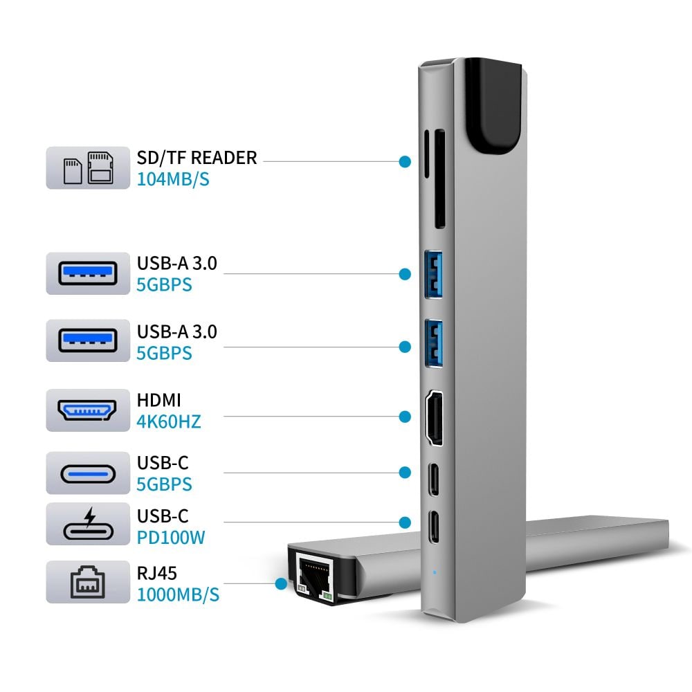 Tech-Protect HB09 USB-keskitin 8-in-1: USB-C/USB-A 3.0, HDMI 4K@60Hz, SD/TF, PD 100W, RJ45 – harmaa