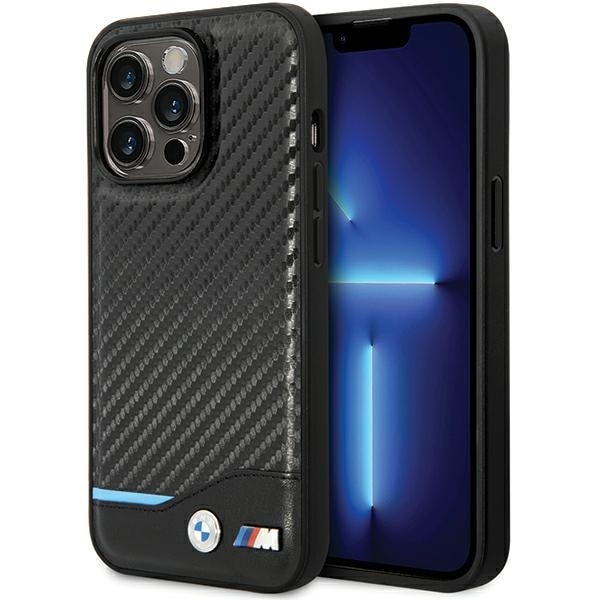 BMW:n nahka- ja hiilikuituinen kotelo iPhone 13 Pro Maxille – musta