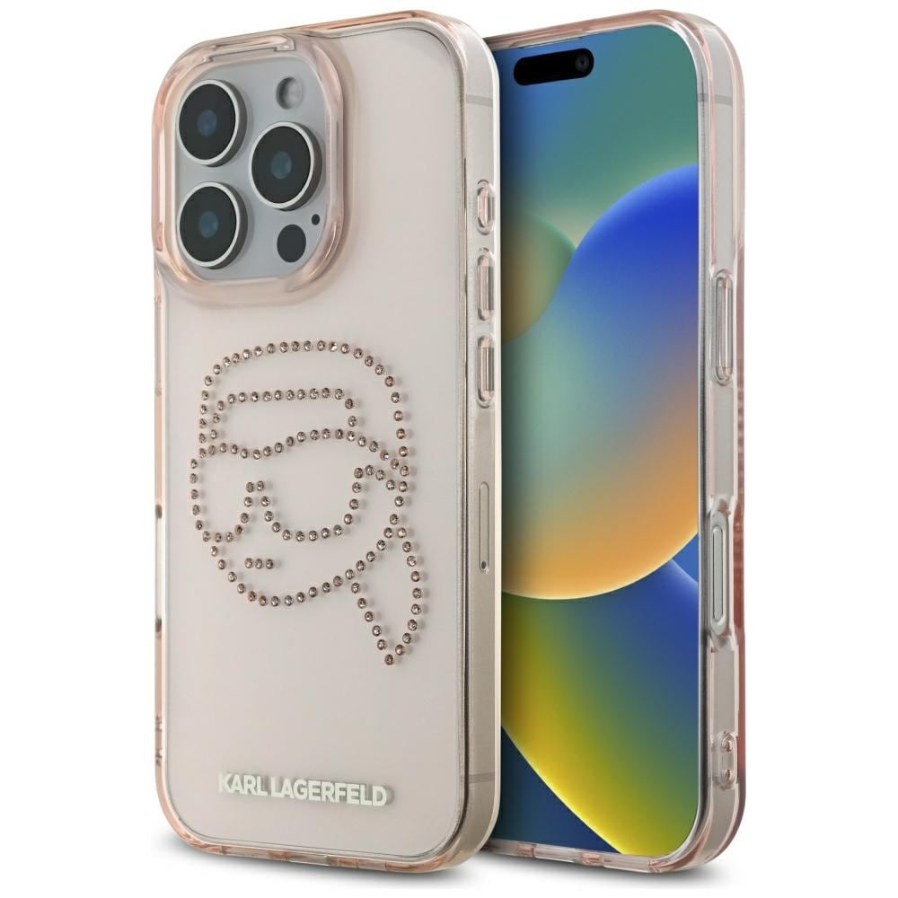 Karl Lagerfeld IML strassikuvioinen Karl-pää suojakotelo iPhone 16 Pro:lle, vaaleanpunainen