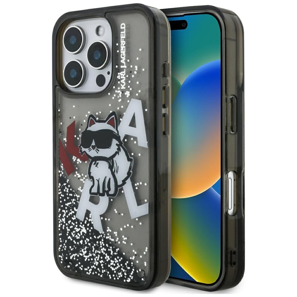 Karl Lagerfeldin Liquid Glitter Choupette -logokotelo iPhone 16 Pro Maxille – musta