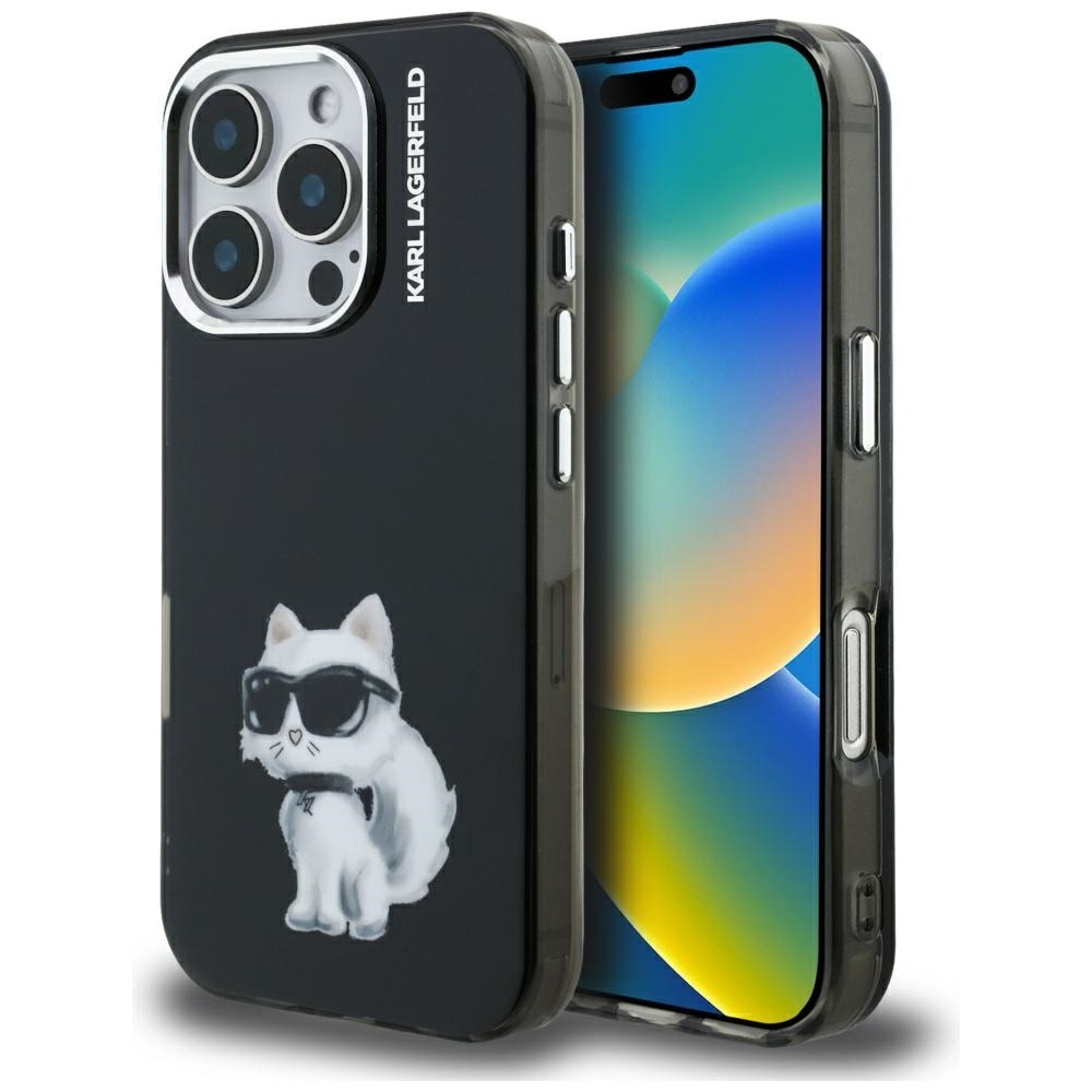 Karl Lagerfeld IML Aquarelle Choupette & Logo -suojakotelo iPhone 16 Pro Maxille – musta