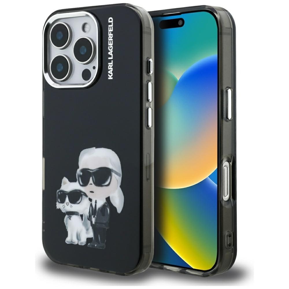 Karl Lagerfeld IML Aquarelle Karl & Choupette & Logo -suojakotelo iPhone 16 Pro:lle, musta