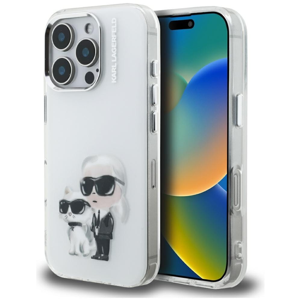 Karl Lagerfeld IML Aquarelle Karl & Choupette & Logo -suojakotelo iPhone 16 Pro Maxille – valkoinen