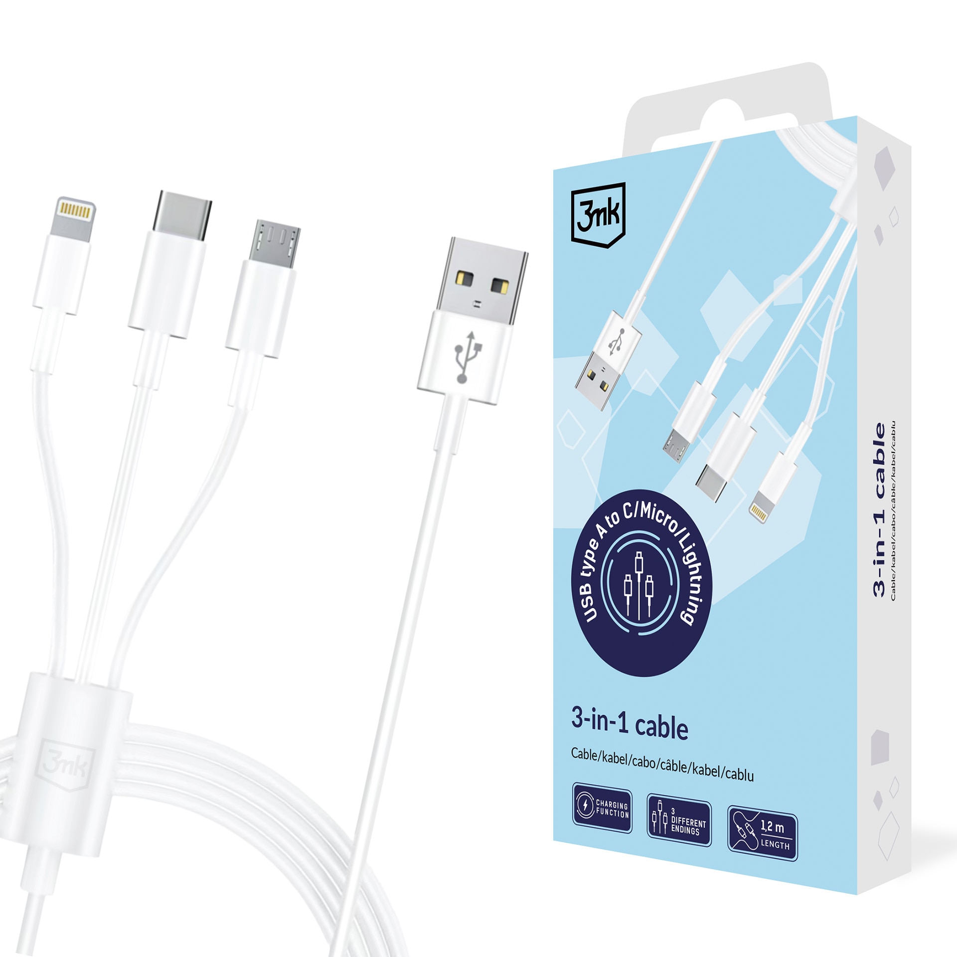 3mk-kaapeli 3-in-1 USB-A – micro-USB / Lightning / USB-C, 1,2 m, 20 V/2,4 A, 15 W – valkoinen
