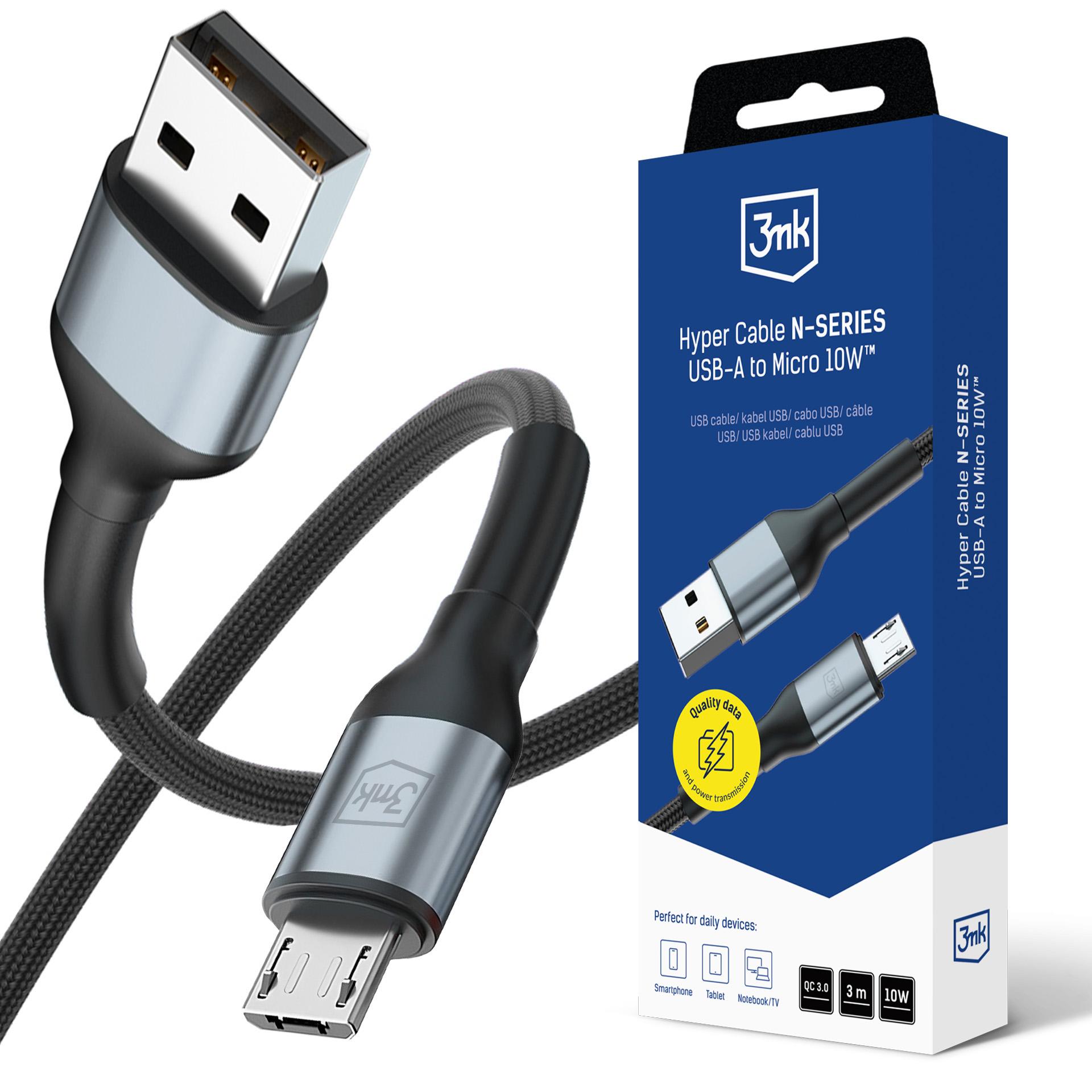 3mk Hyper Cable N-SERIES USB-A / MicroUSB 3 m QC 3.0 5 V/2 A 10 W – musta